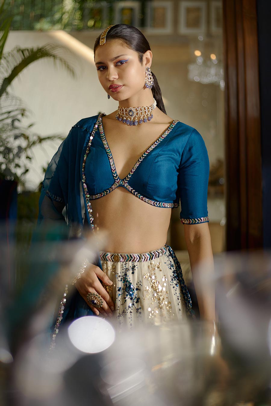 Grey & Blue Rangeela Embroidered Lehenga Set