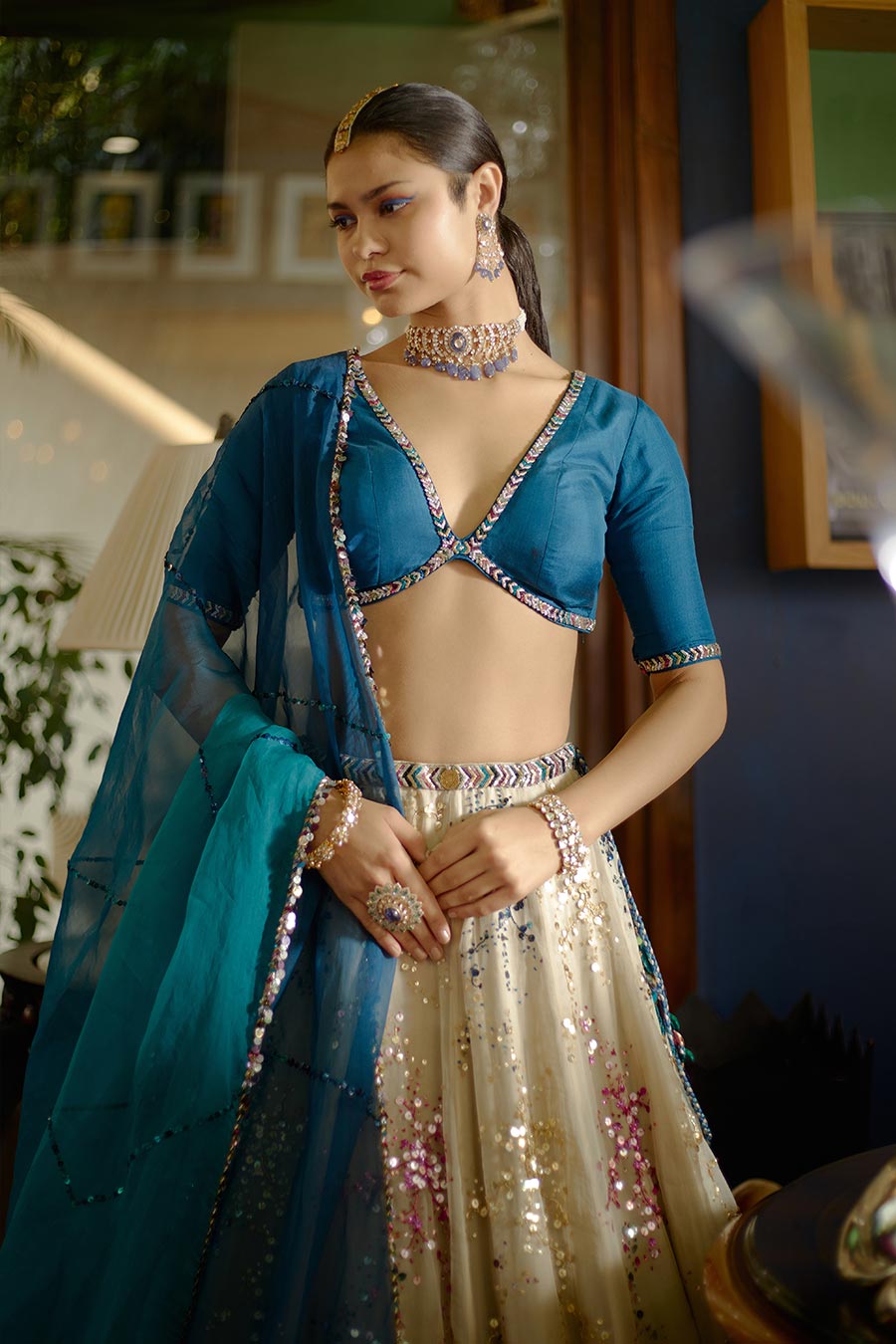 Grey & Blue Rangeela Embroidered Lehenga Set