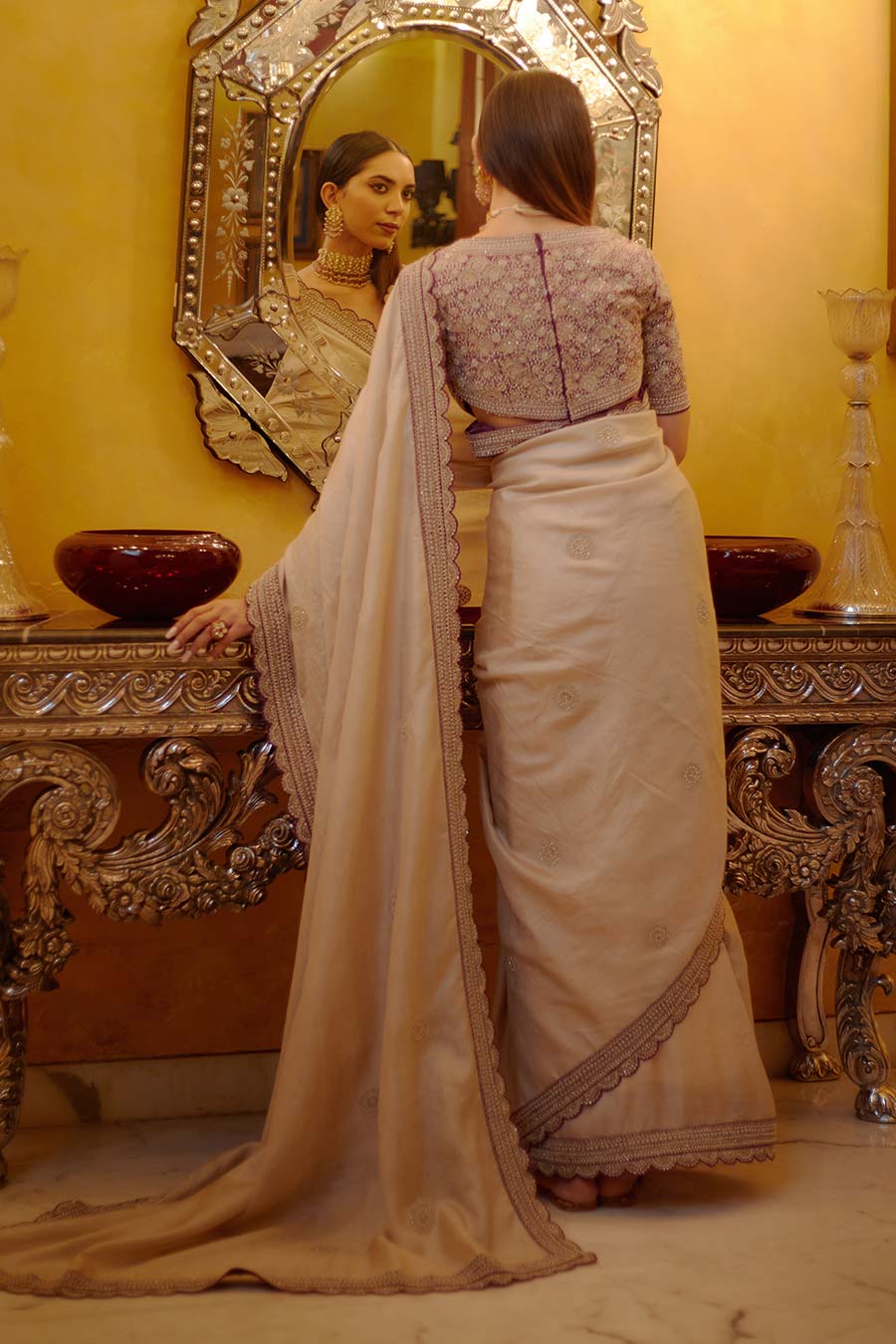 Beige & Rose Pink Shah Gul Embroidered Saree Set