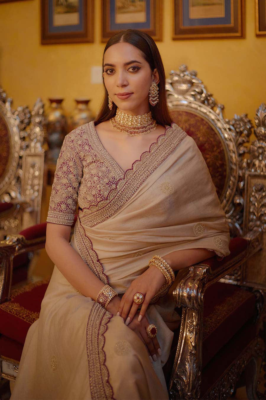 Beige & Rose Pink Shah Gul Embroidered Saree Set