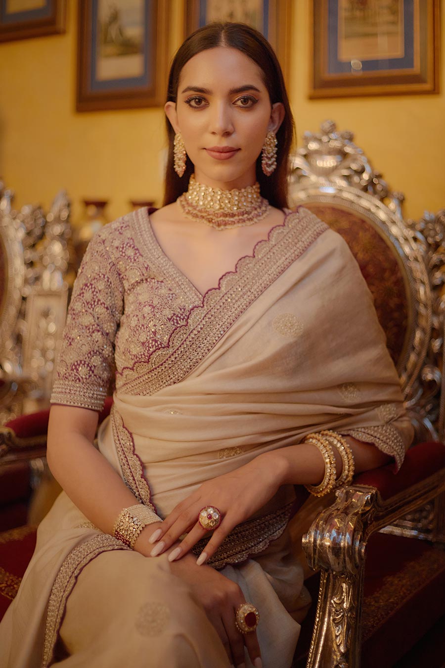 Beige & Rose Pink Shah Gul Embroidered Saree Set