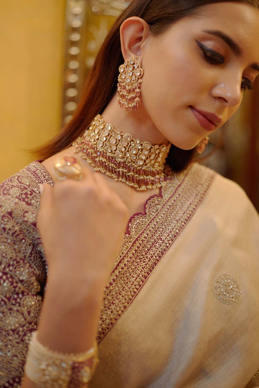 Beige & Rose Pink Shah Gul Embroidered Saree Set