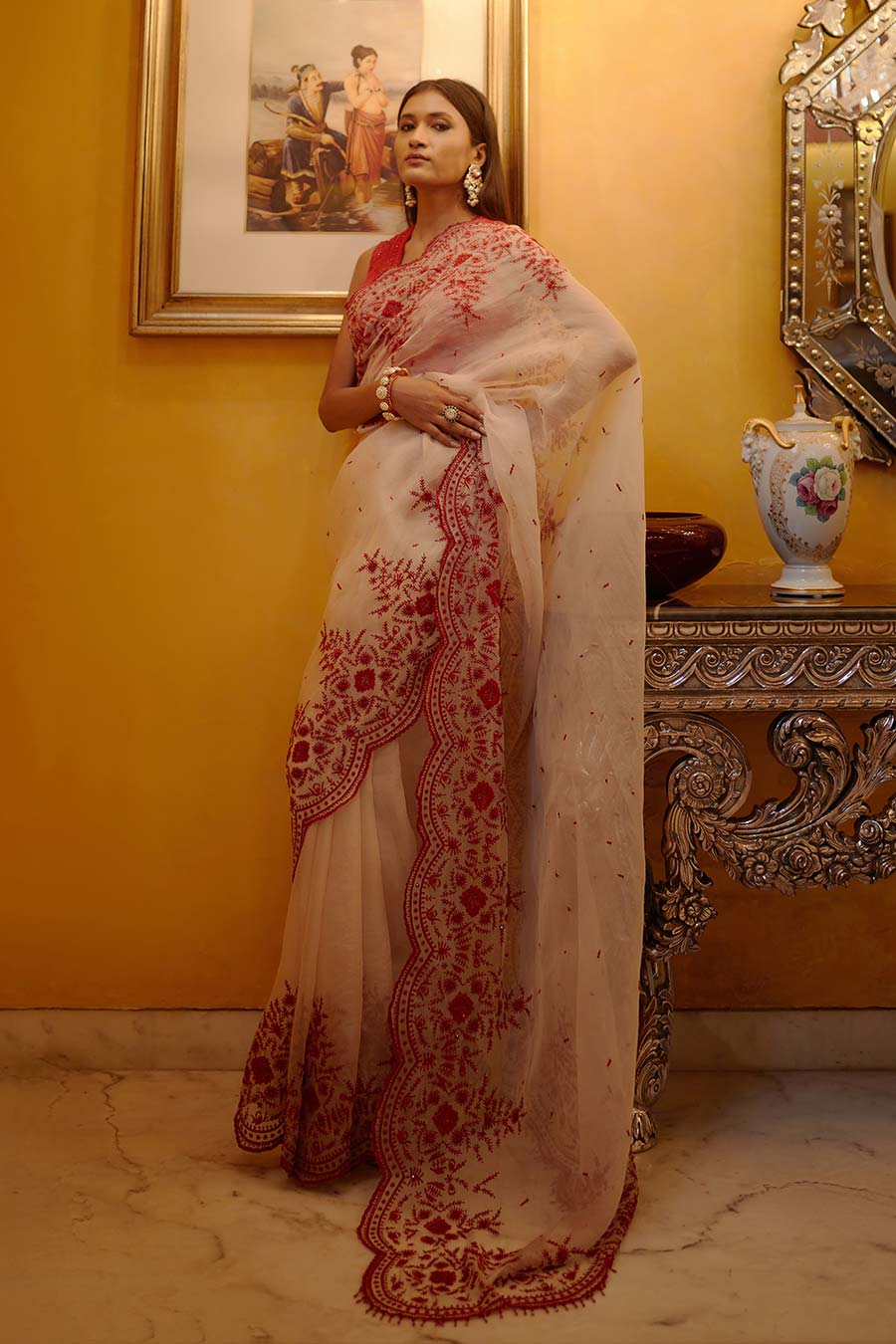 Blush & Scarlet Red Nyra Embroidered Saree Set