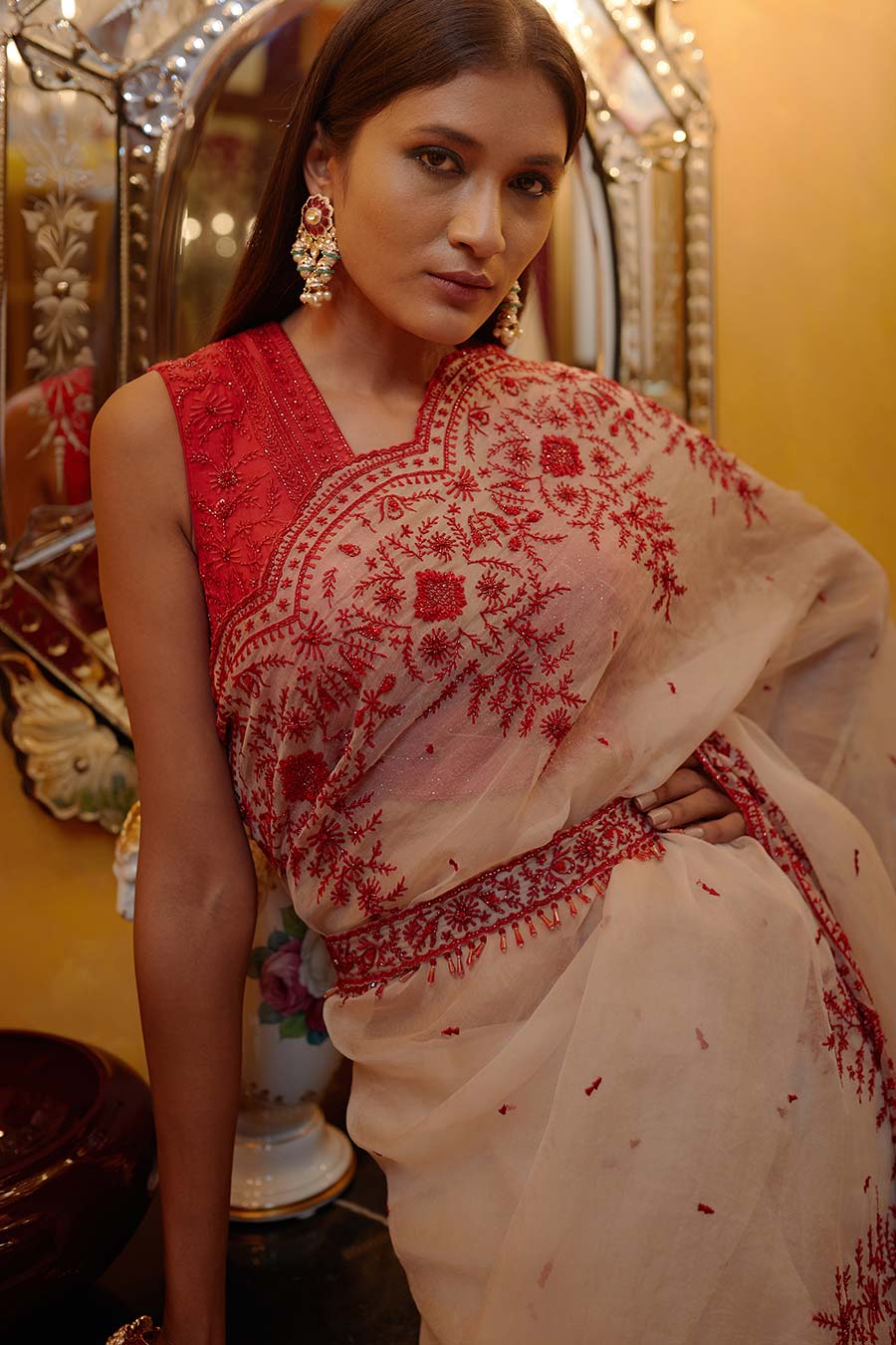 Blush & Scarlet Red Nyra Embroidered Saree Set