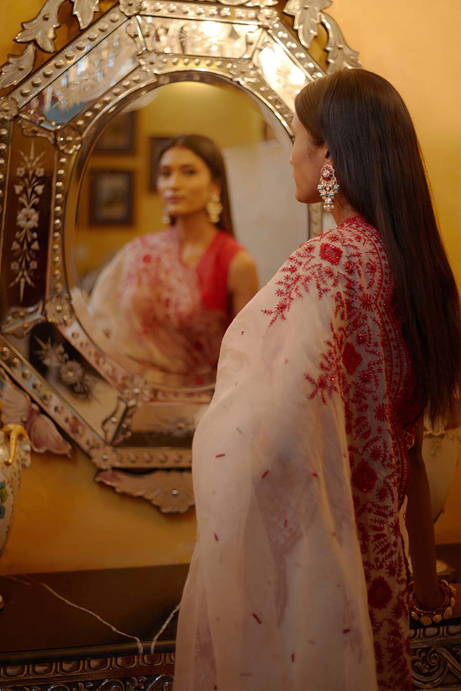 Blush & Scarlet Red Nyra Embroidered Saree Set