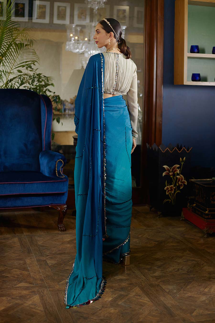 Blue & Grey Morni Embroidered Saree Set