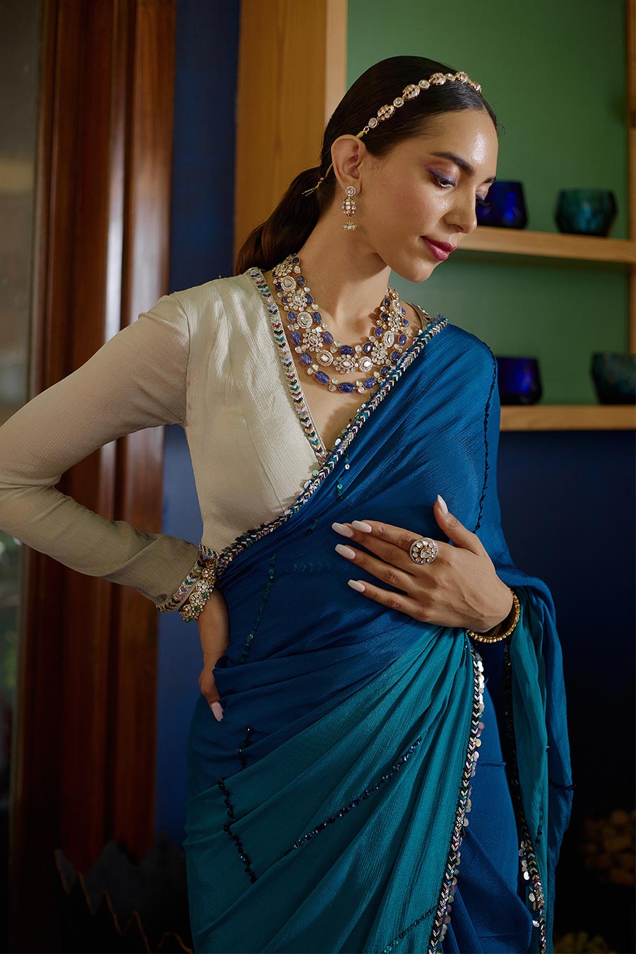 Blue & Grey Morni Embroidered Saree Set