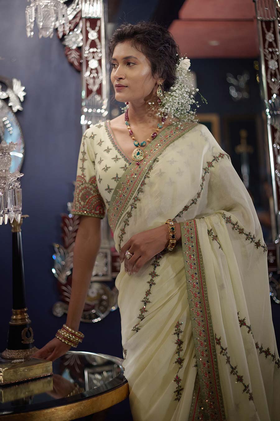 Sage Green Doriya Embroidered Saree Set