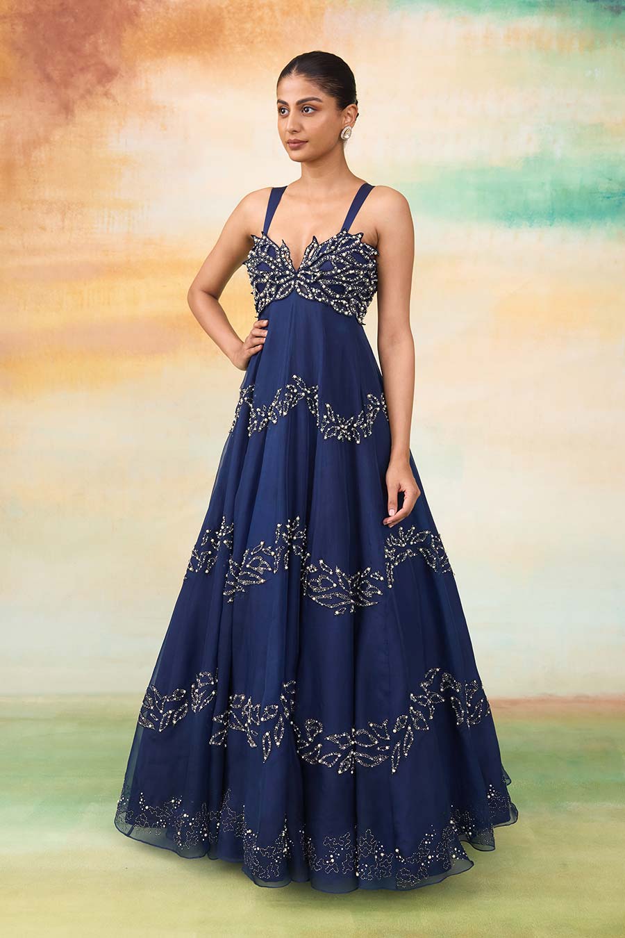 Midnight Blue Elsa 3D Cutwork Embroidered Gown