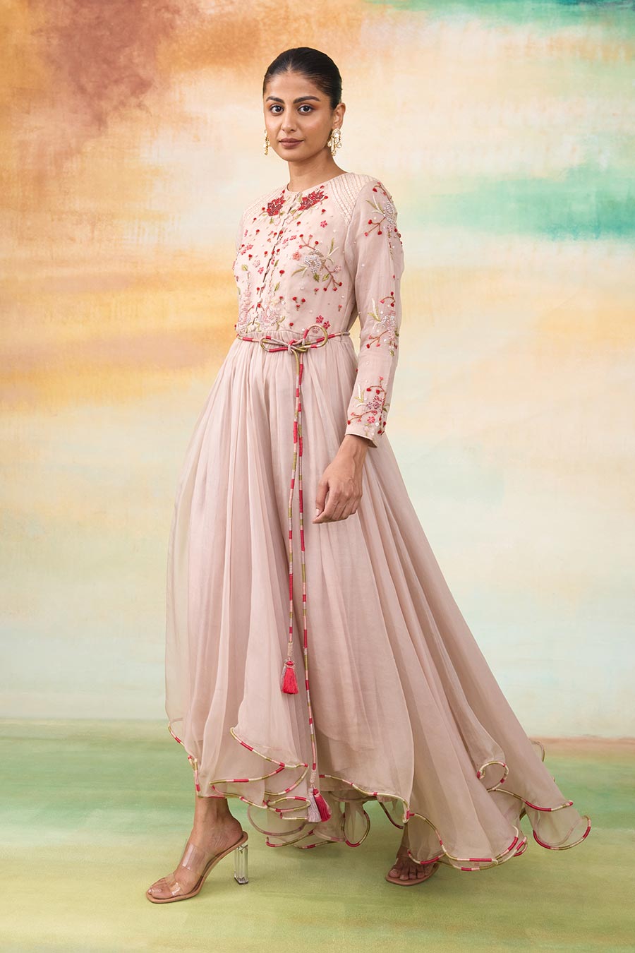 Rose Pink Embroidered Long Dress