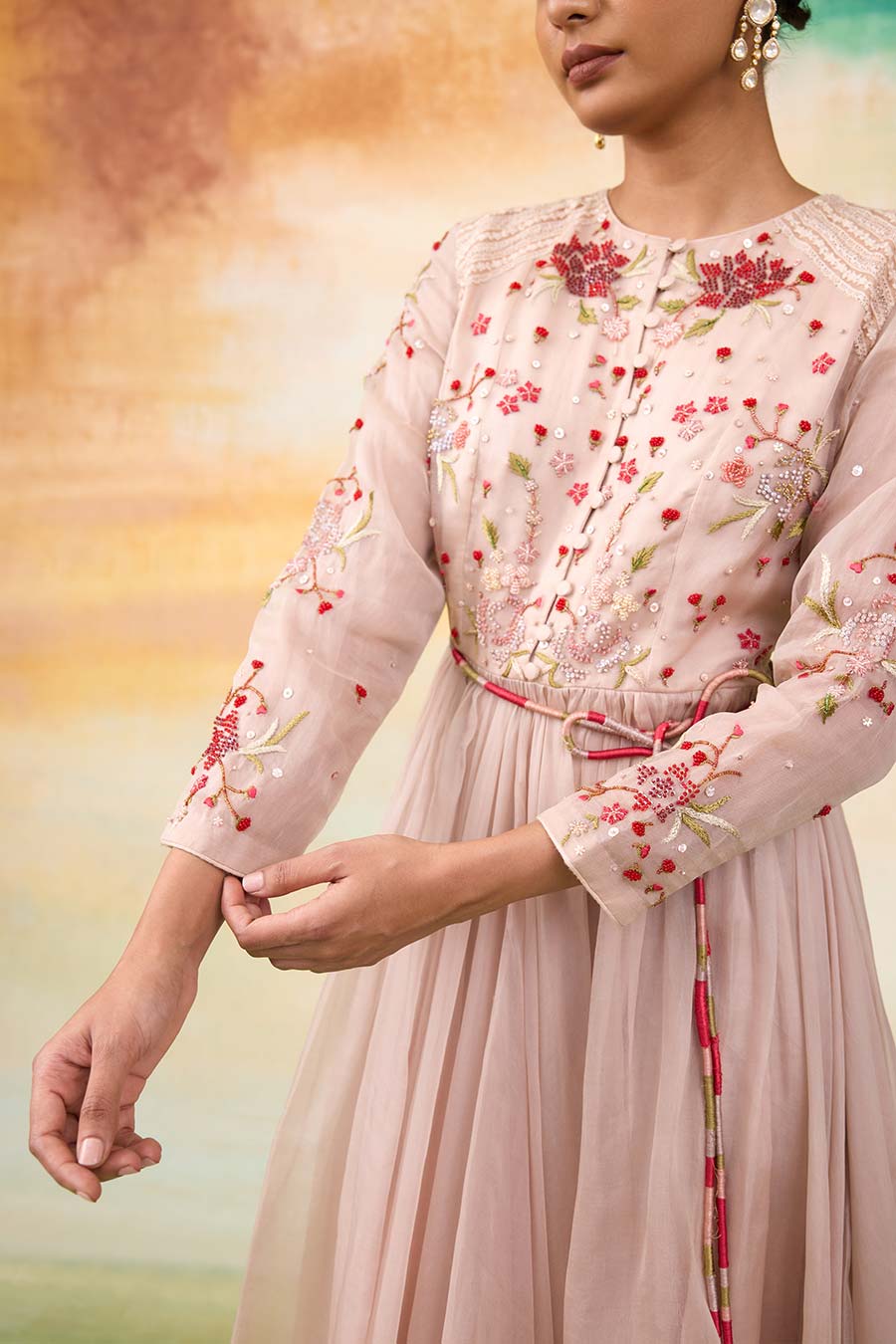 Rose Pink Embroidered Long Dress