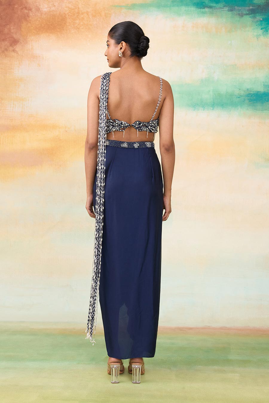Blue Tiana Embroidered Pre-Draped Saree Set
