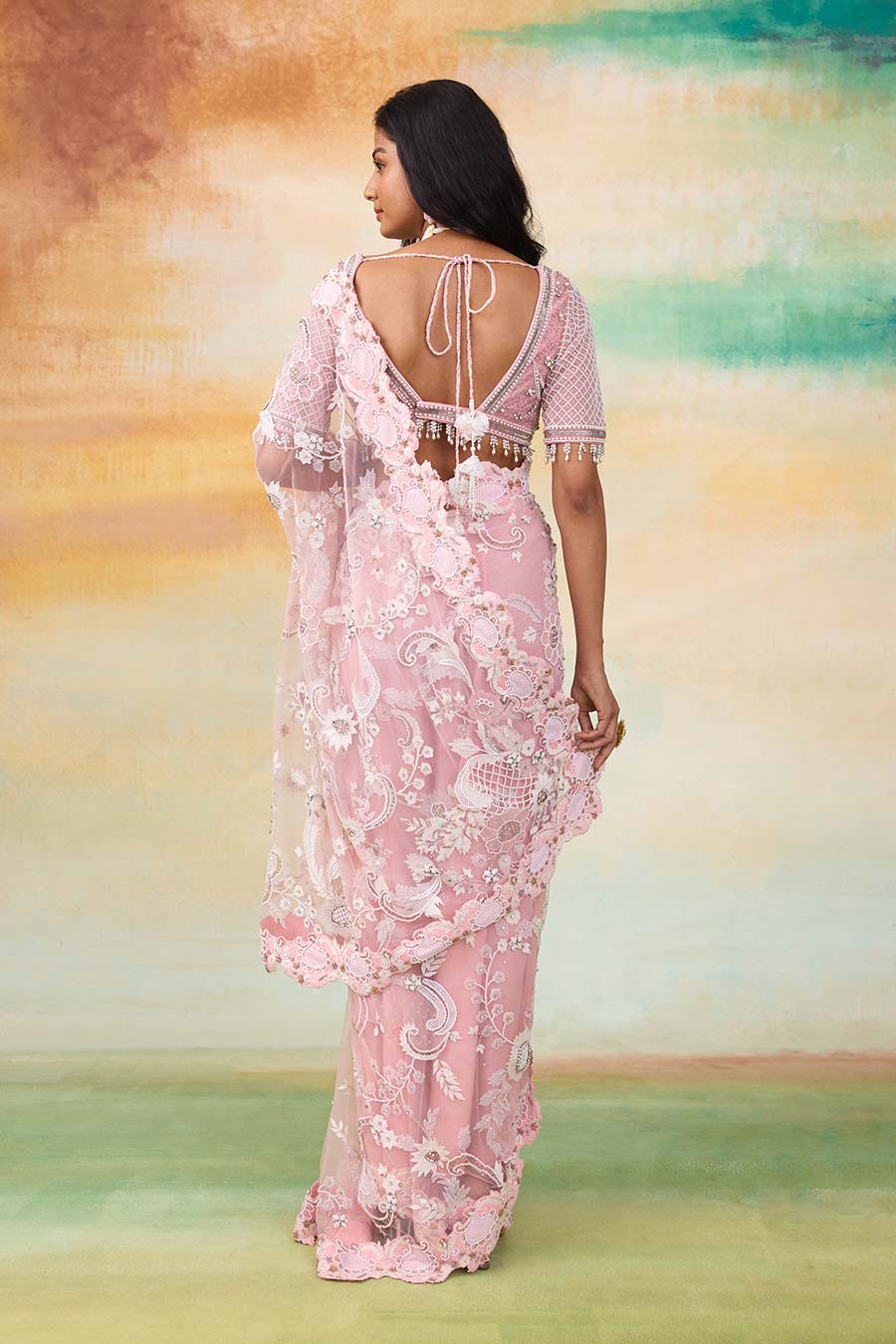 Blossom Pink Elsa Embroidered Saree Set