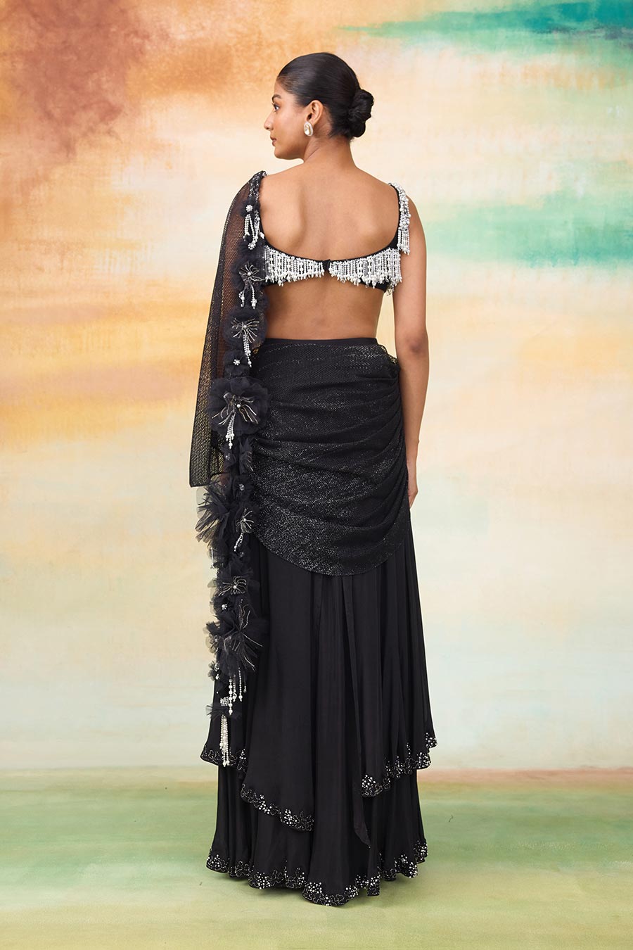 Black Carlotte Embroidered Pre-Draped Saree Set