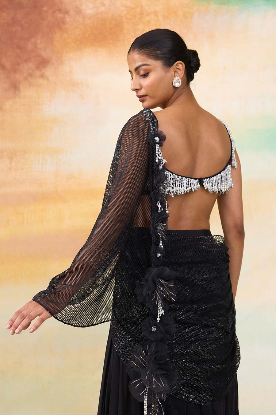 Black Carlotte Embroidered Pre-Draped Saree Set