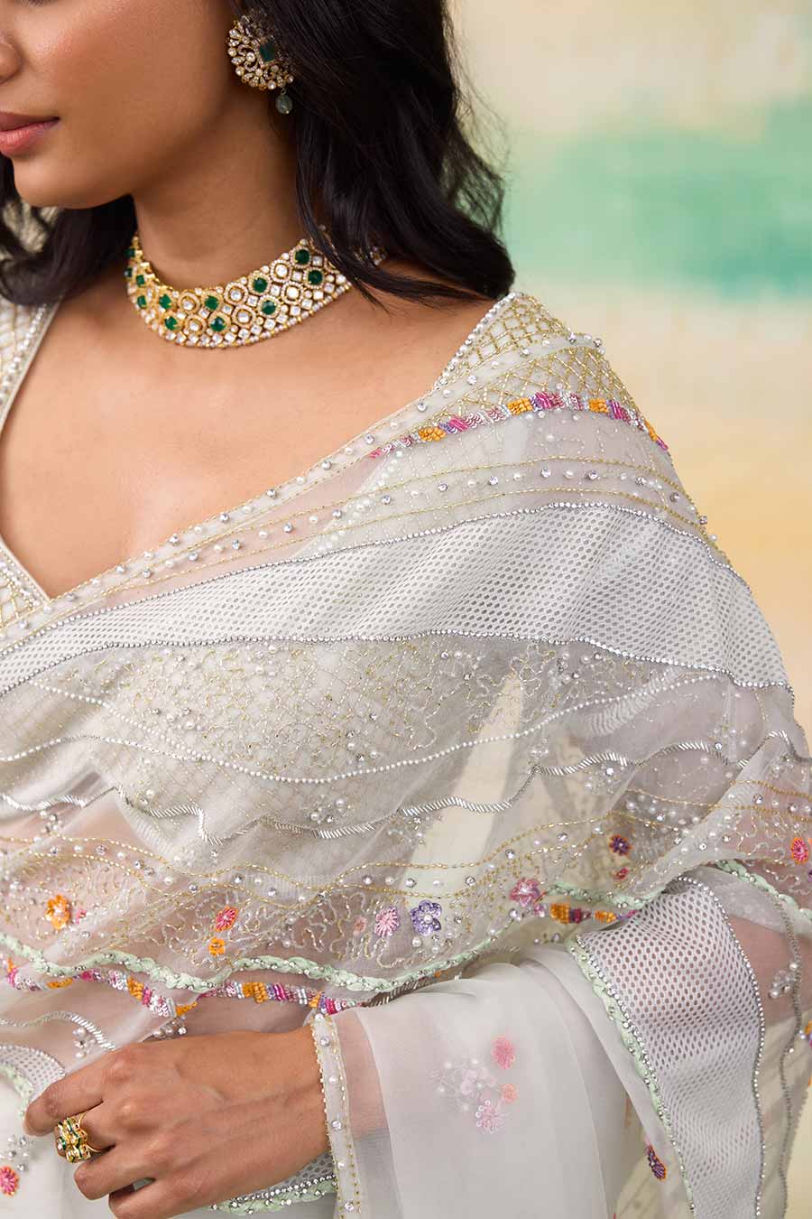 Serene Green Elena Embroidered Saree Set