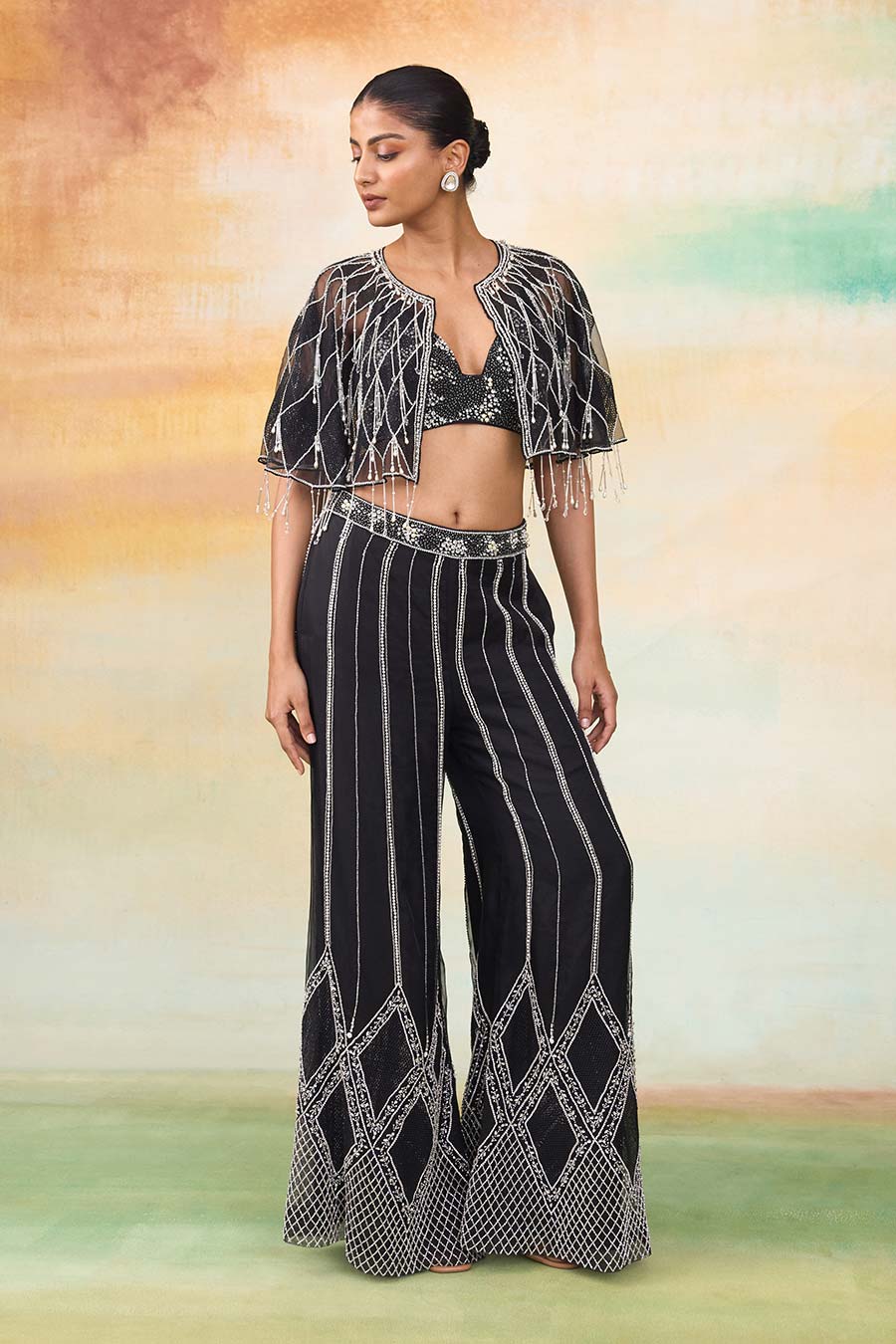 Black Airel Embroidered Cape, Blouse & Pant Co-Ord Set