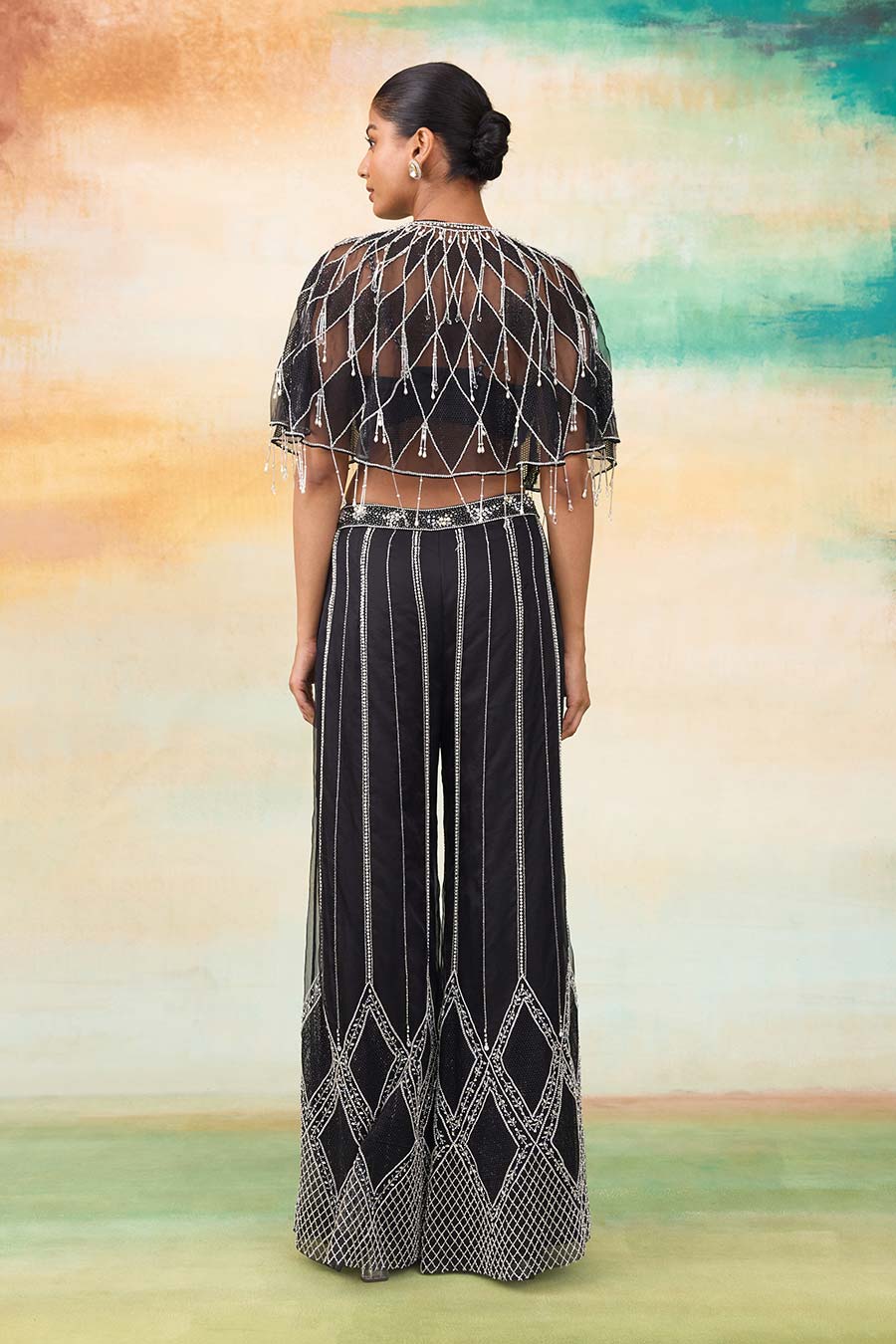 Black Airel Embroidered Cape, Blouse & Pant Co-Ord Set