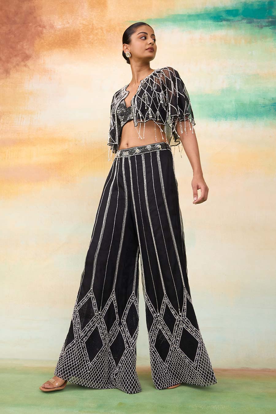 Black Airel Embroidered Cape, Blouse & Pant Co-Ord Set