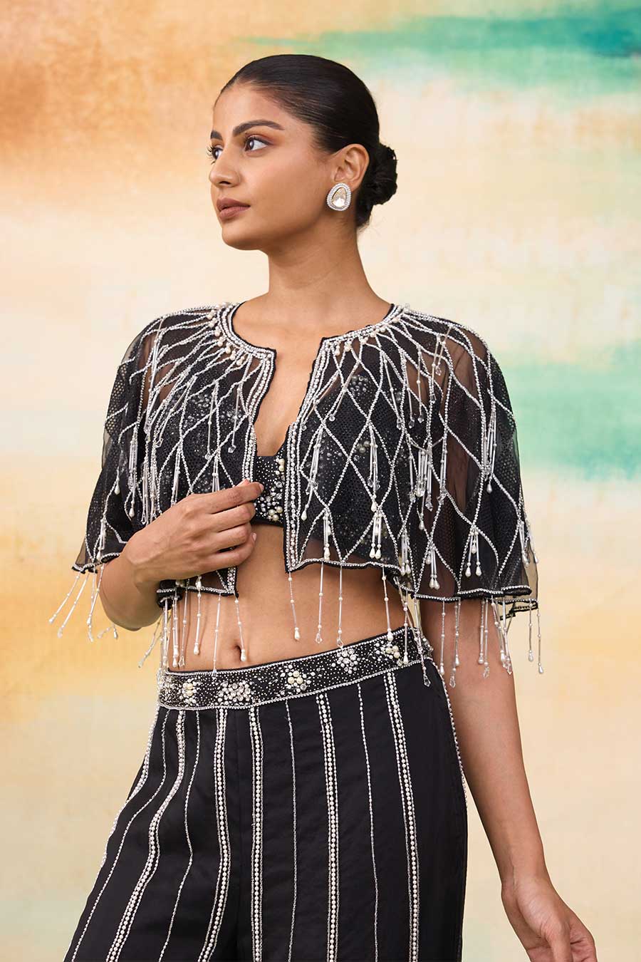 Black Airel Embroidered Cape, Blouse & Pant Co-Ord Set