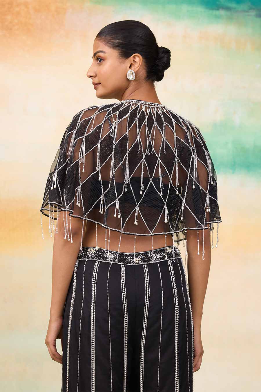 Black Airel Embroidered Cape, Blouse & Pant Co-Ord Set