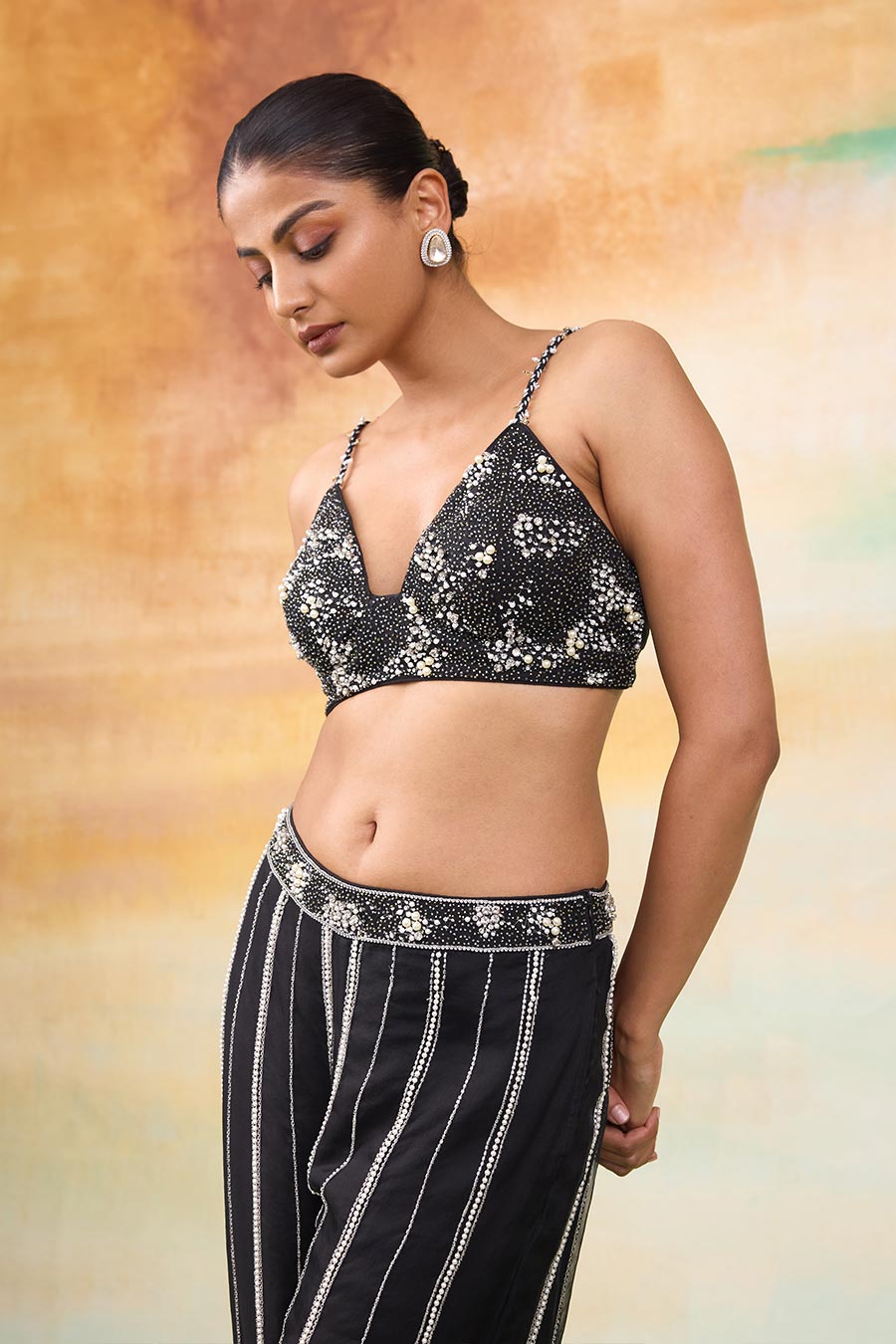 Black Airel Embroidered Cape, Blouse & Pant Co-Ord Set