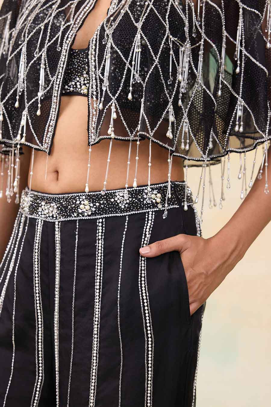 Black Airel Embroidered Cape, Blouse & Pant Co-Ord Set
