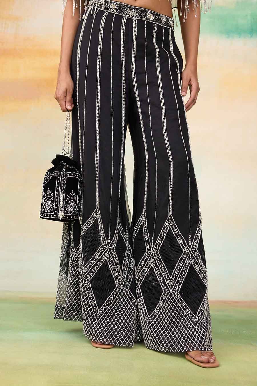 Black Airel Embroidered Cape, Blouse & Pant Co-Ord Set
