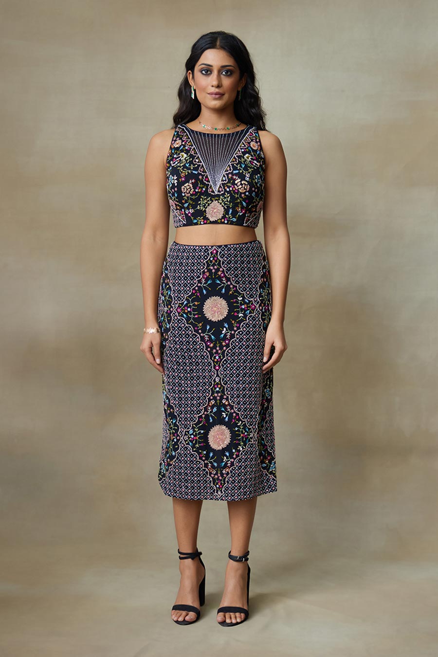 Black Kestrel Embroidered Top & Skirt Co-Ord Set