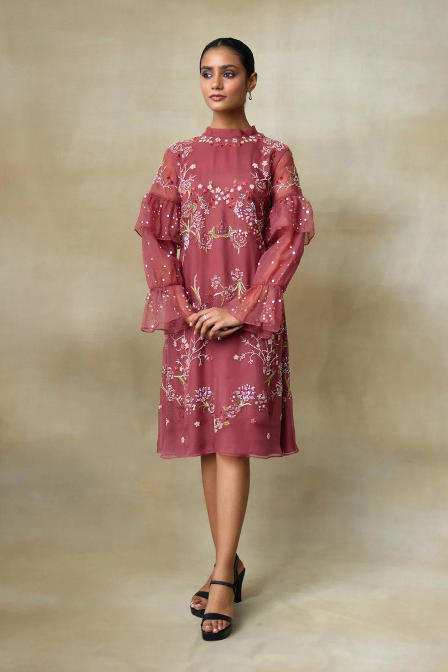Rust Pink Rosewood Embroidered Short Dress