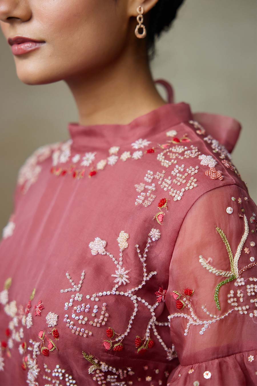 Rust Pink Rosewood Embroidered Short Dress