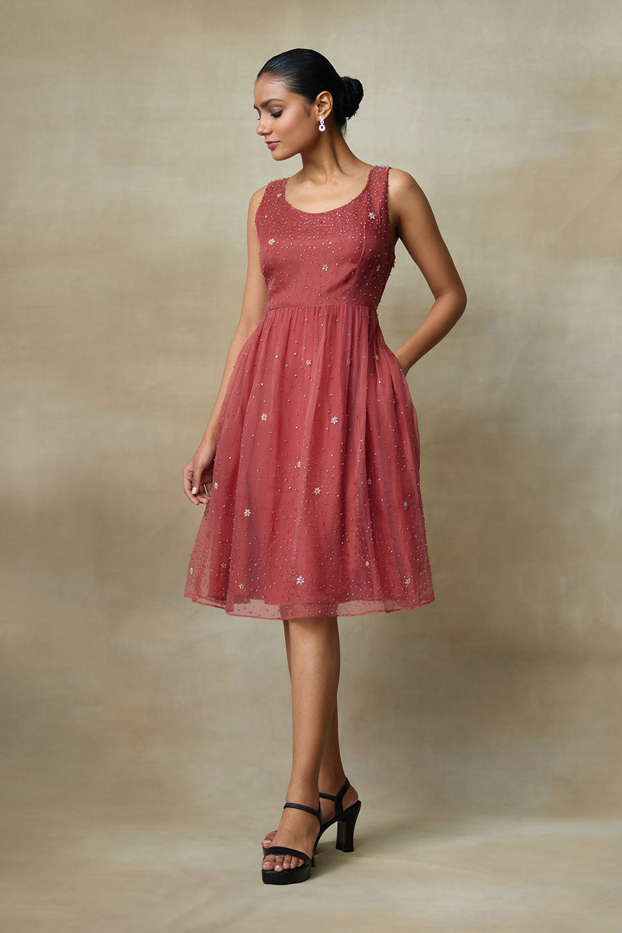 Wine Hand-Embellished Dress