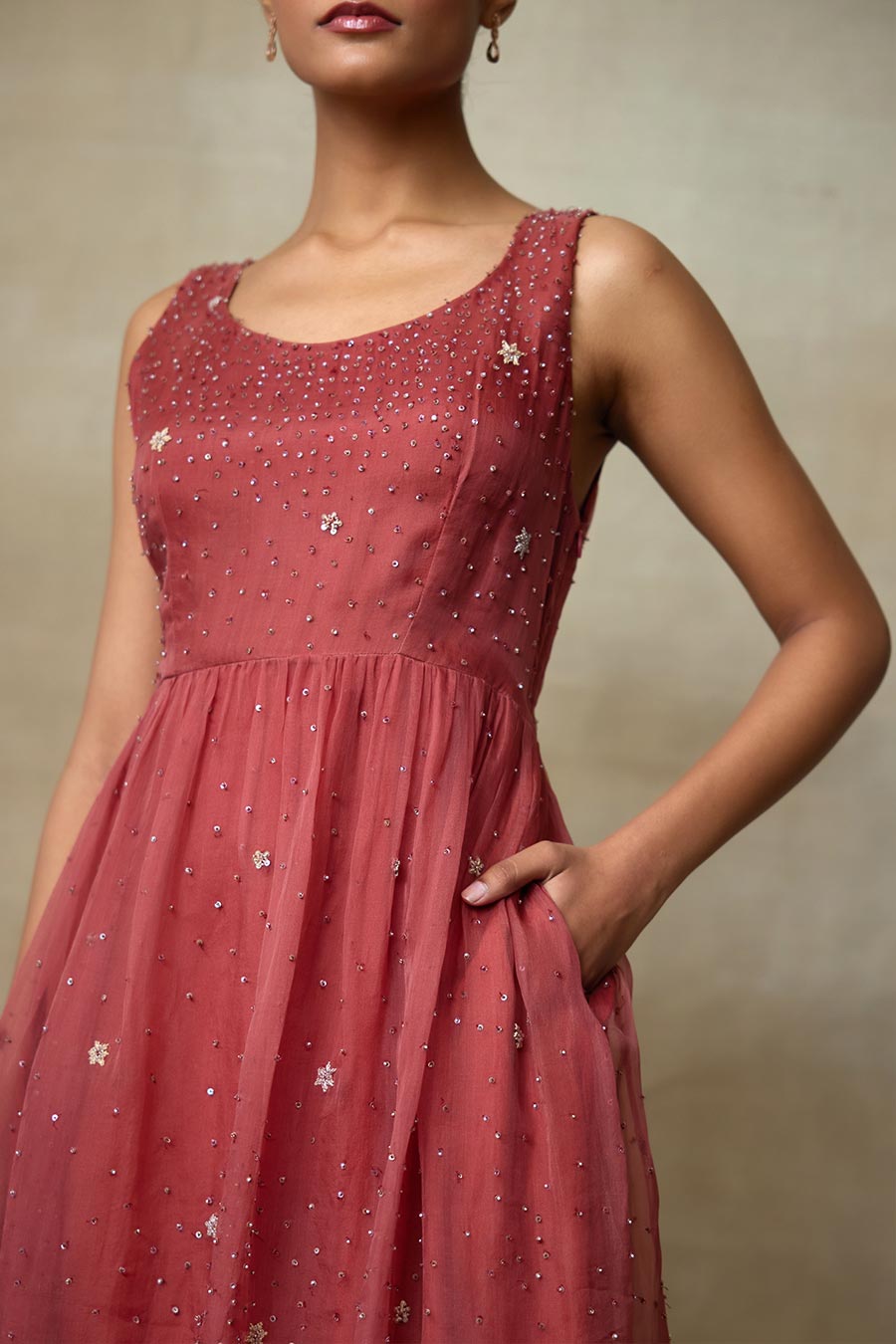 Wine Hand-Embellished Dress