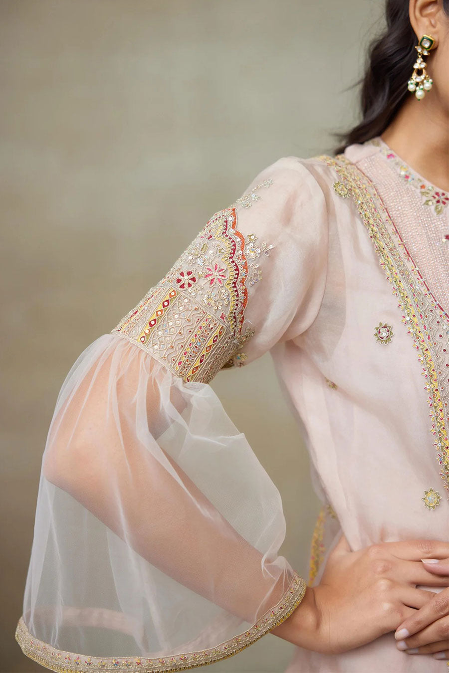 Frosty Pink Kite Embroidered Kurta Set With Jacket