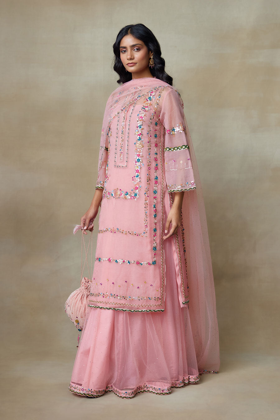Pink Birdy Embroidered Kurta, Skirt & Dupatta Set