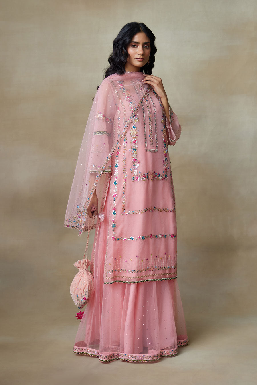 Pink Birdy Embroidered Kurta, Skirt & Dupatta Set