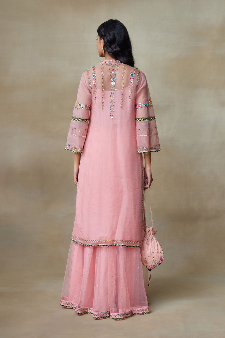 Pink Birdy Embroidered Kurta, Skirt & Dupatta Set