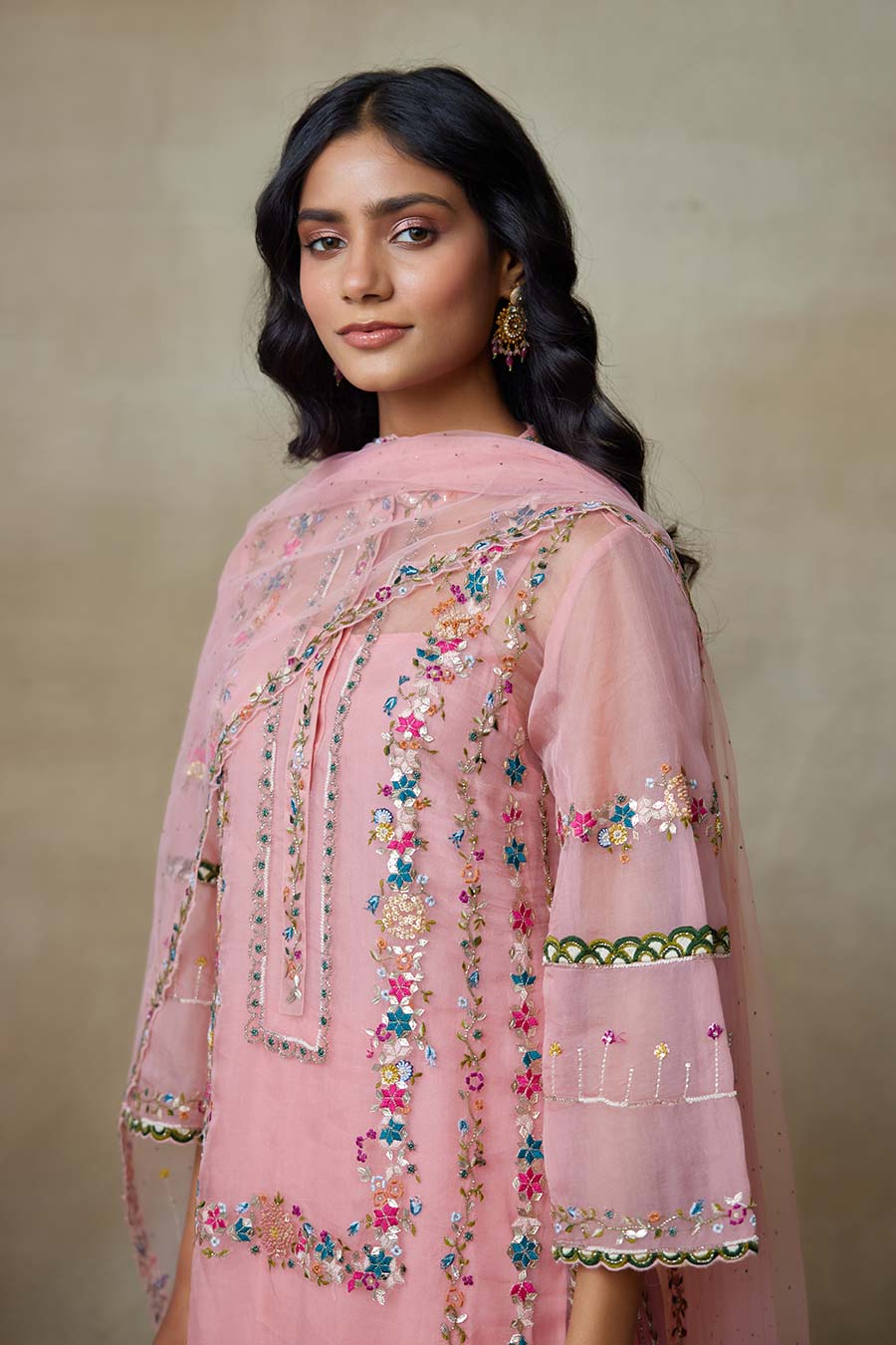 Pink Birdy Embroidered Kurta, Skirt & Dupatta Set