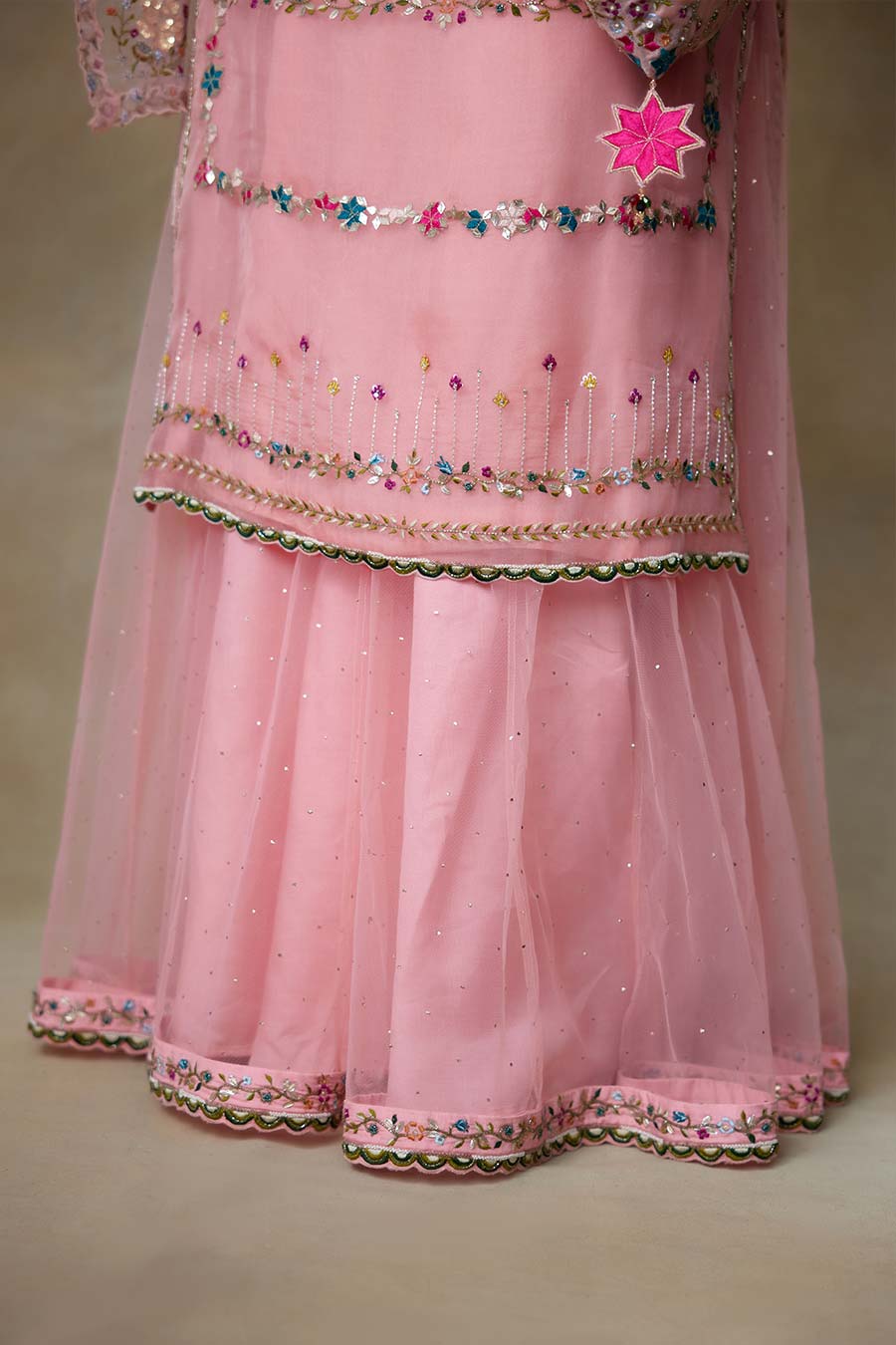 Pink Birdy Embroidered Kurta, Skirt & Dupatta Set