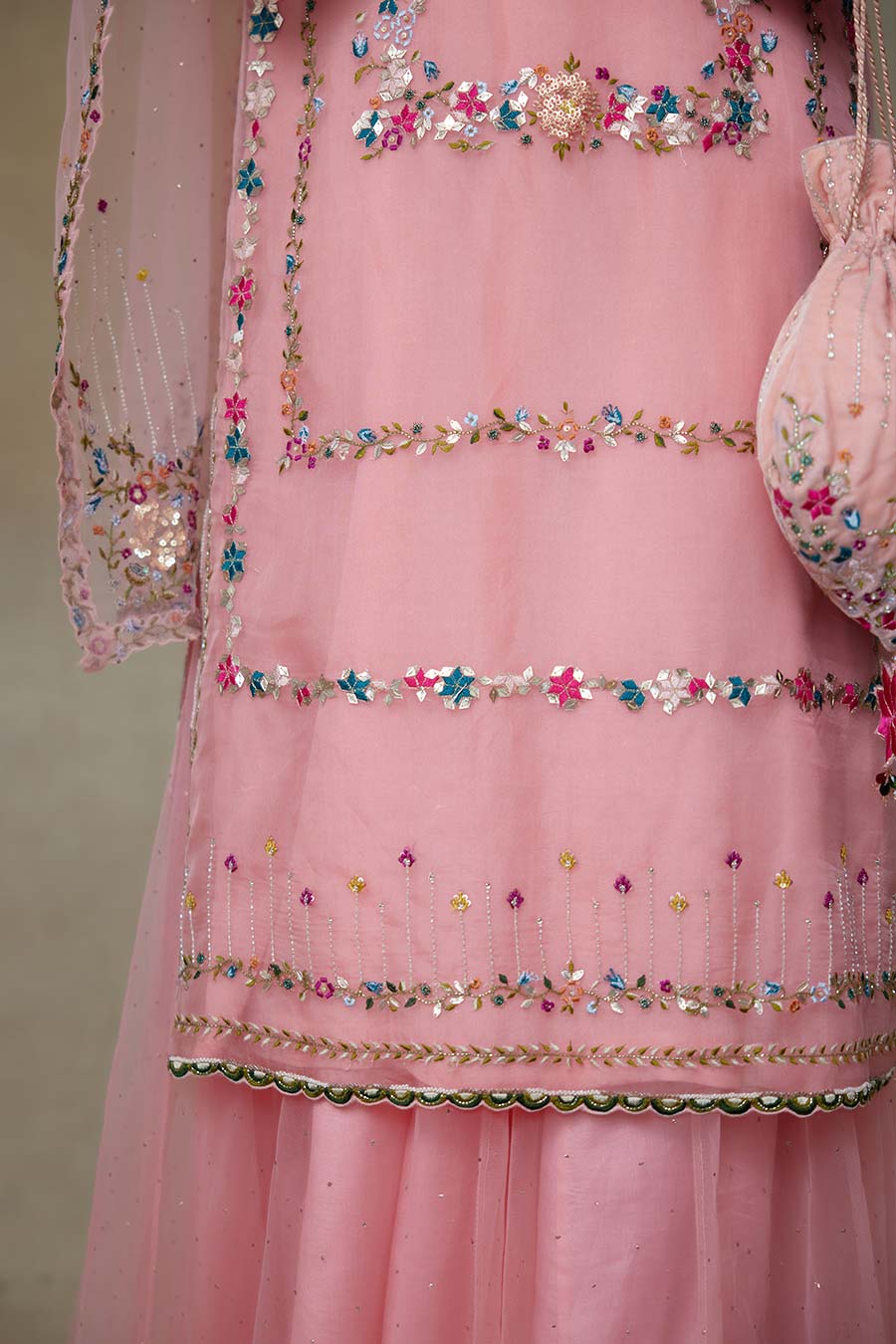 Pink Birdy Embroidered Kurta, Skirt & Dupatta Set