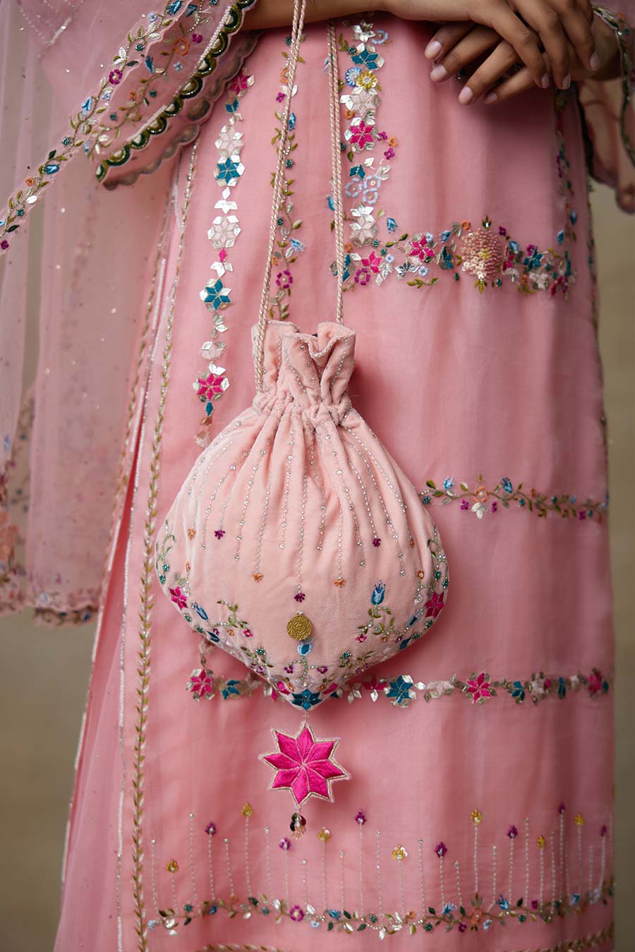 Pink Birdy Embroidered Kurta, Skirt & Dupatta Set