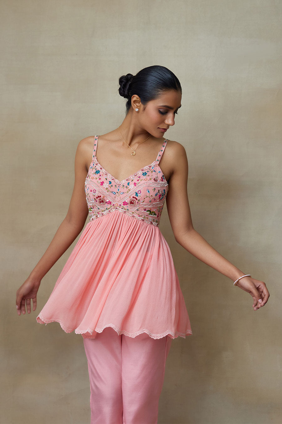 Flamingo Pink Embroidered Top & Pant Co-Ord Set