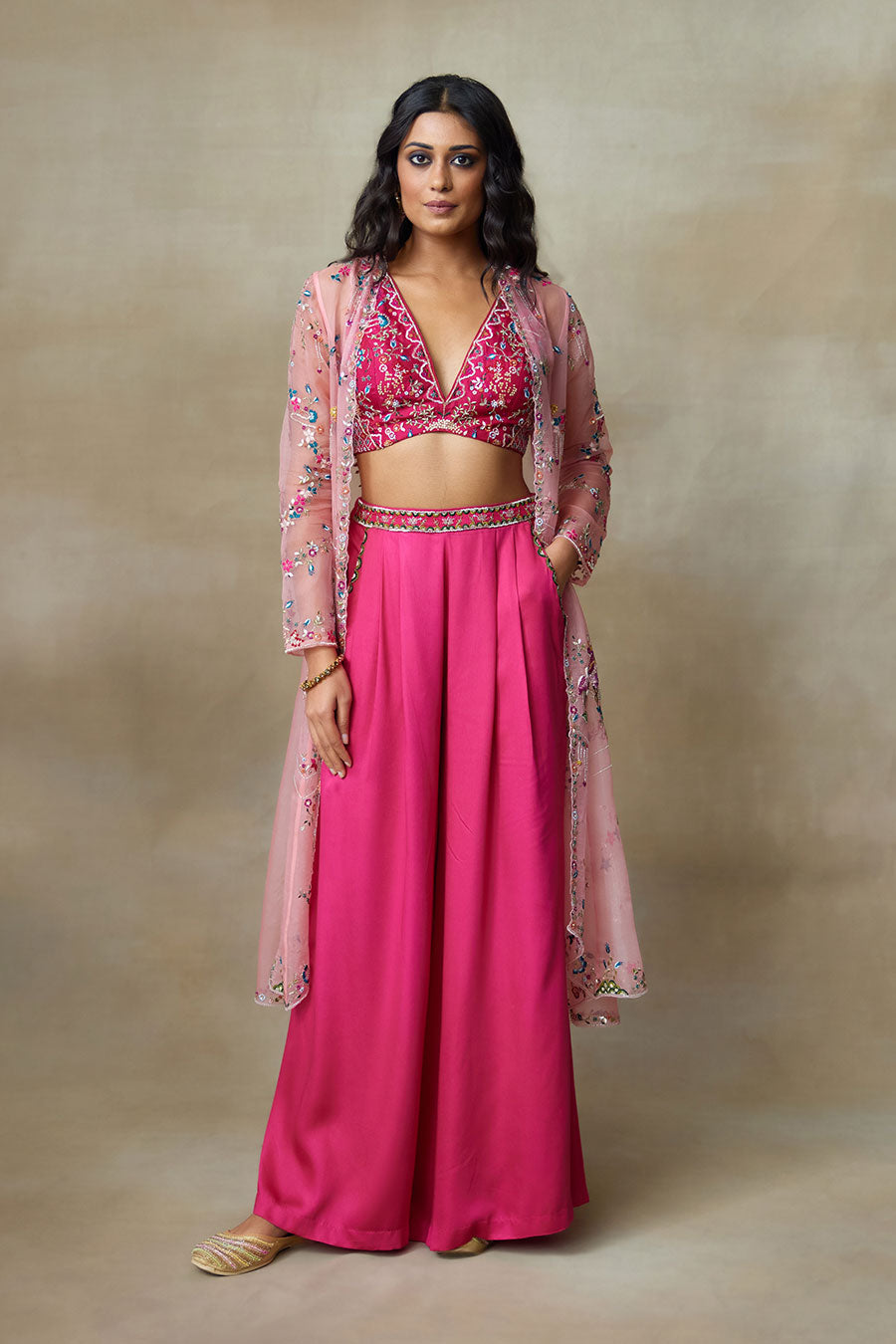 Pink Magpie Embroidered Blouse, Pant & Cape Set