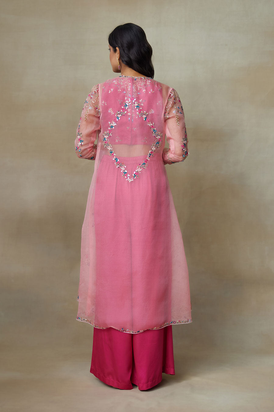 Pink Magpie Embroidered Blouse, Pant & Cape Set