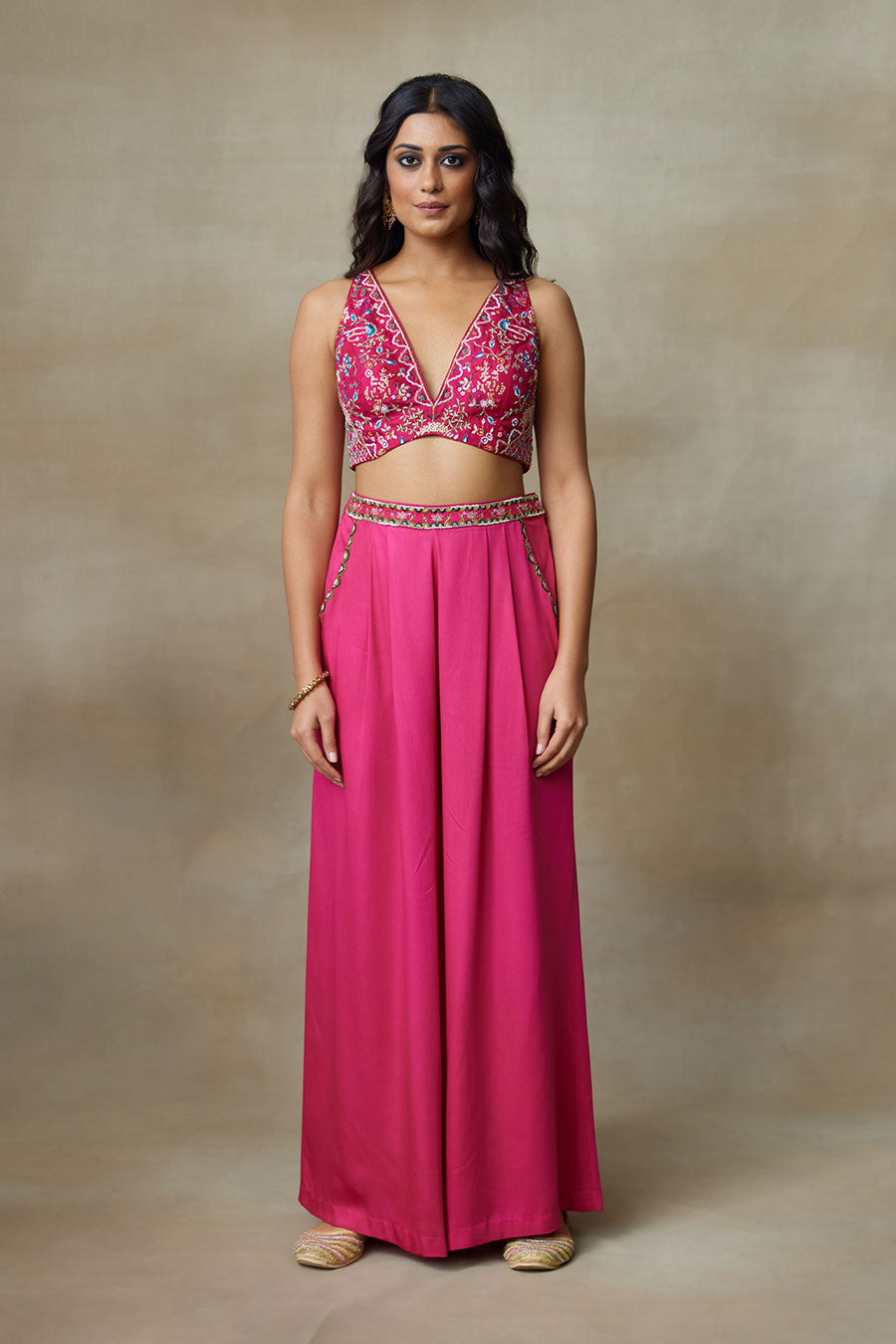 Pink Magpie Embroidered Blouse, Pant & Cape Set
