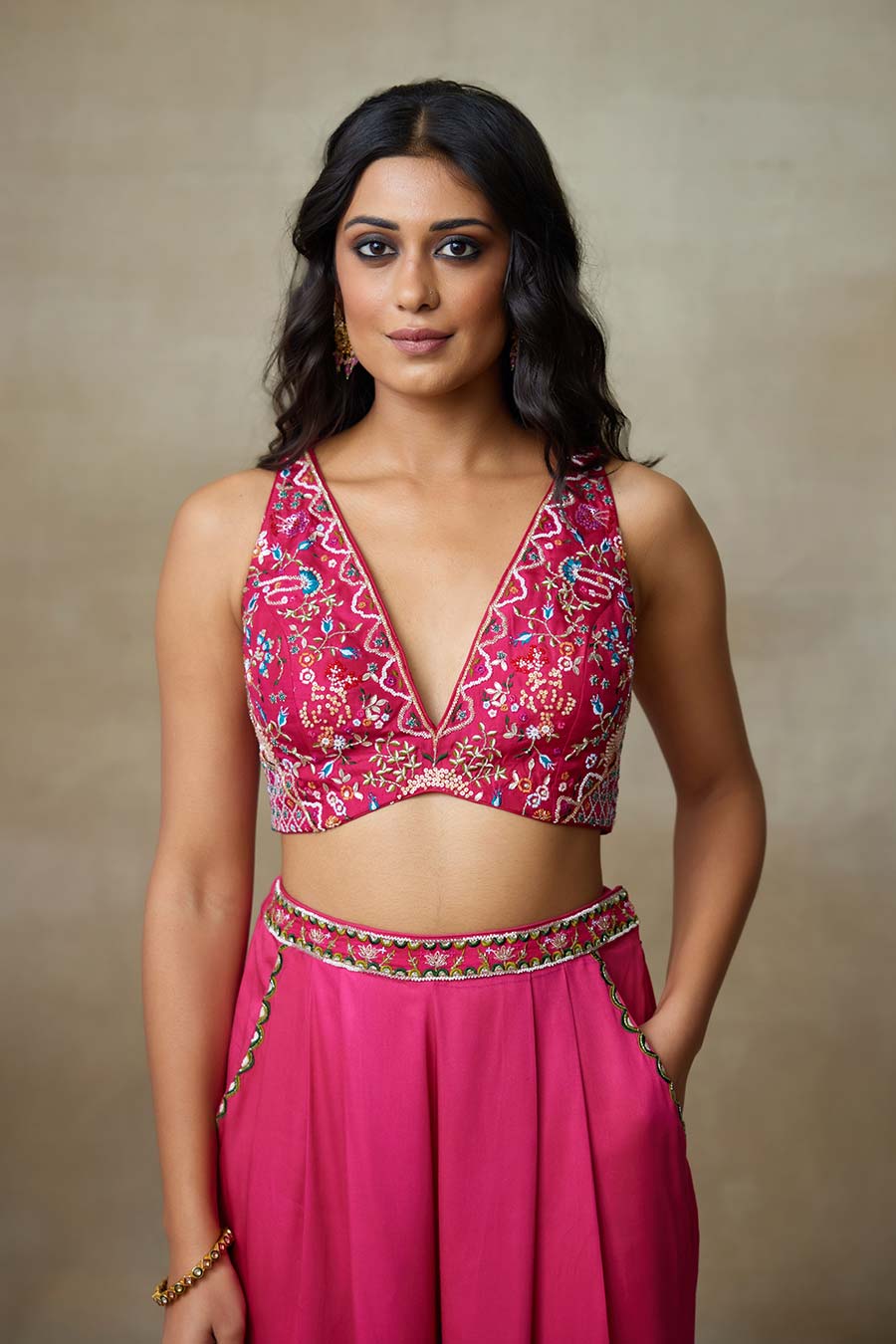 Pink Magpie Embroidered Blouse, Pant & Cape Set
