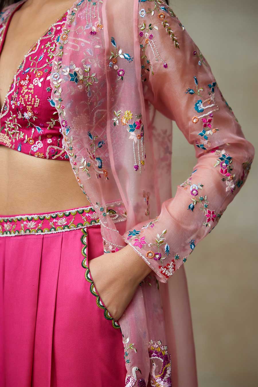 Pink Magpie Embroidered Blouse, Pant & Cape Set