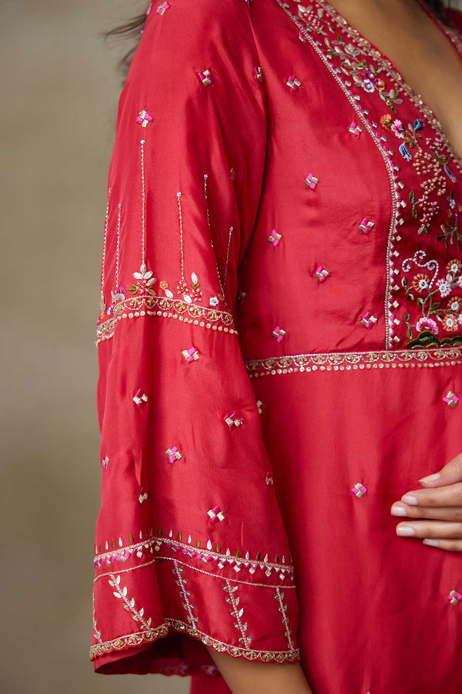 Sindoori Red Pelican Embroidered Kurta Set