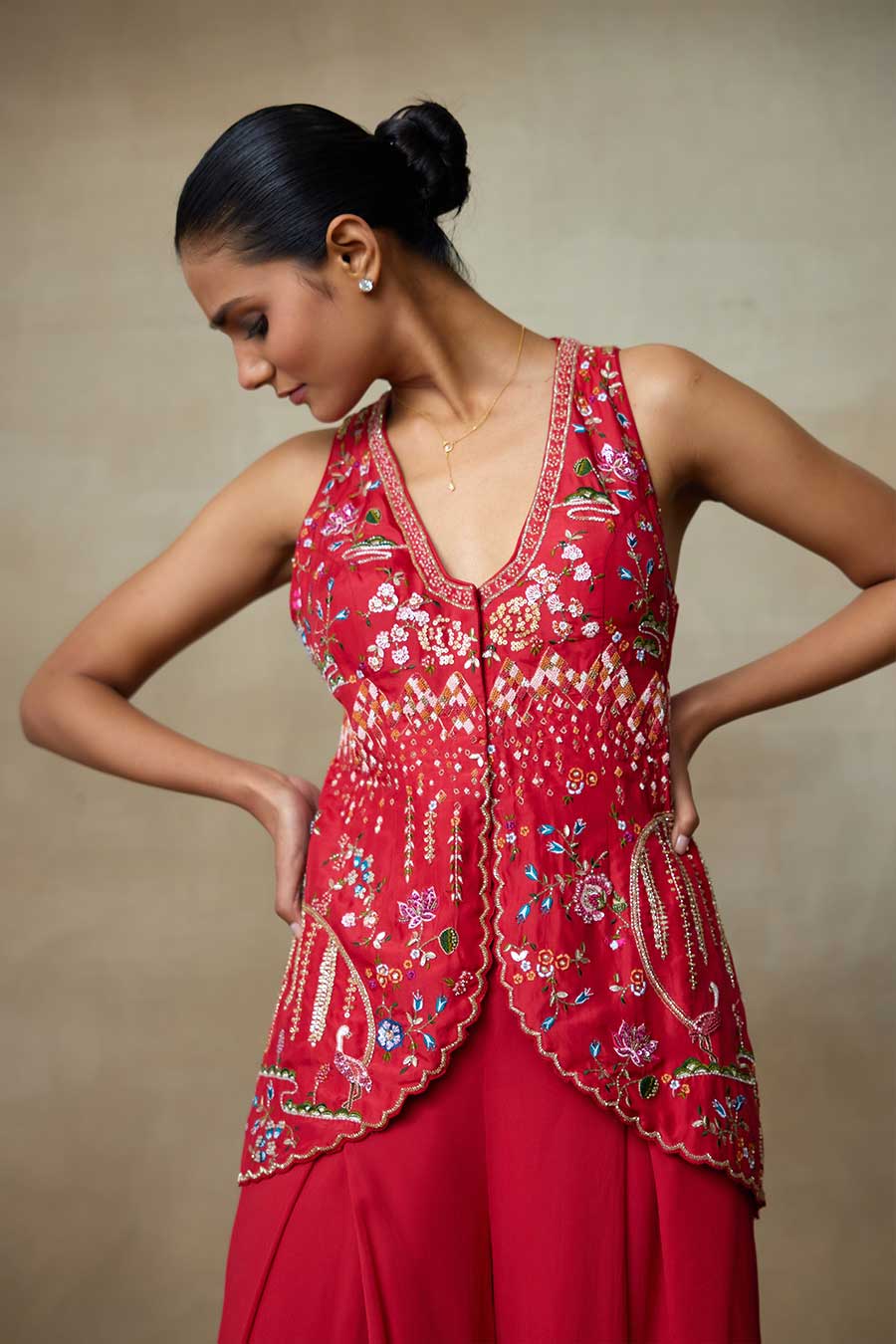 Sindoori Red Puffin Embroidered Top & Pant Co-Ord Set