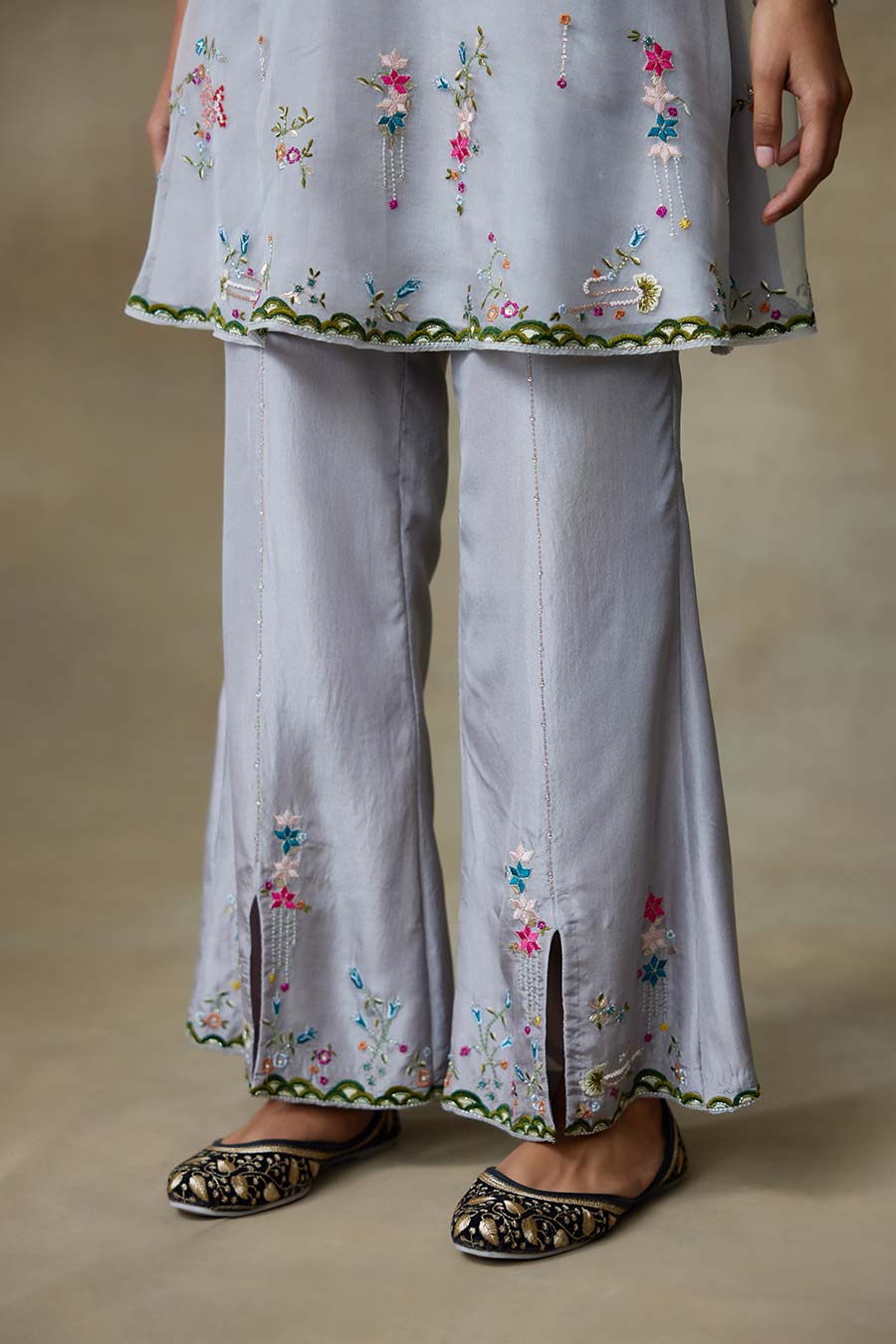 Grey Fancoin Embroidered Kurta & Pant Set
